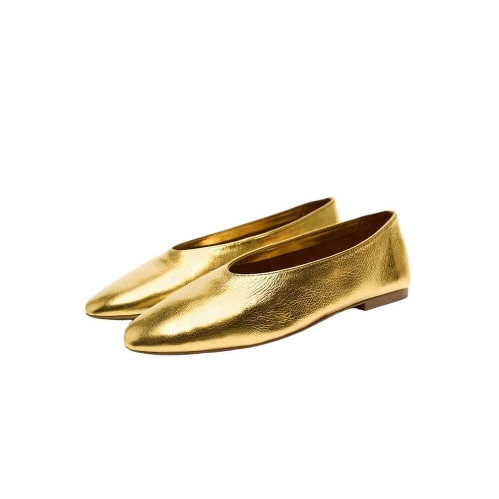 ZARA METALLIC LEATHER BALLET FLATS GOLD SIZE 7.5 | 2578/110